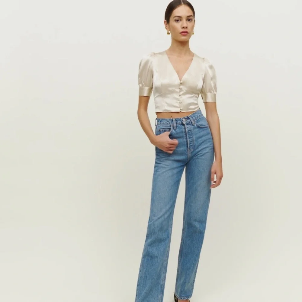 Reformation Champagne Satin V-Neck Cropped Blouse